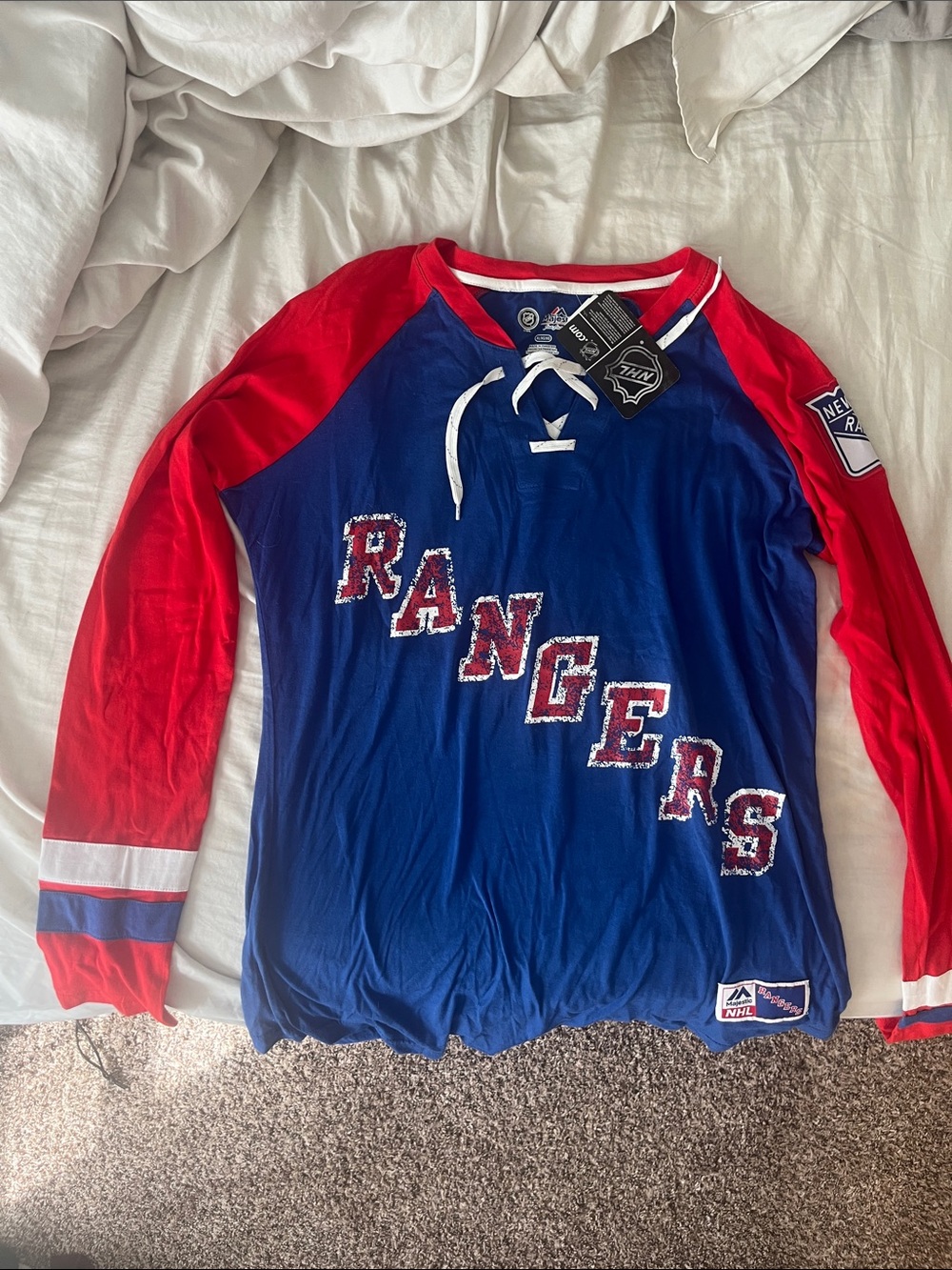 Majestic Blue and Red Lace-Up Hockey Tee